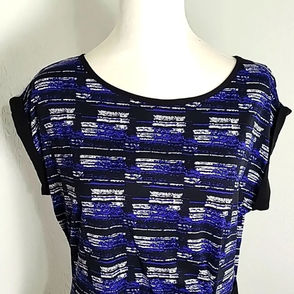 Mandy Evans Navy, Black & White Print Top, Aysemetrical Hem with Belt, Sz Large - Picture 3 of 9